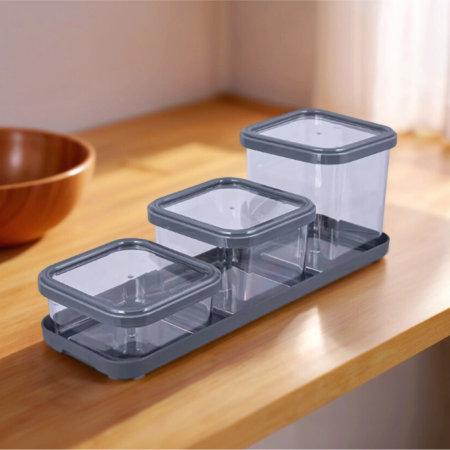 Набор ёмкостей для сыпучих продуктов  CUBBO SCANDI серый 3шт 0.4 л + 0.6л + 0.9л на подставке